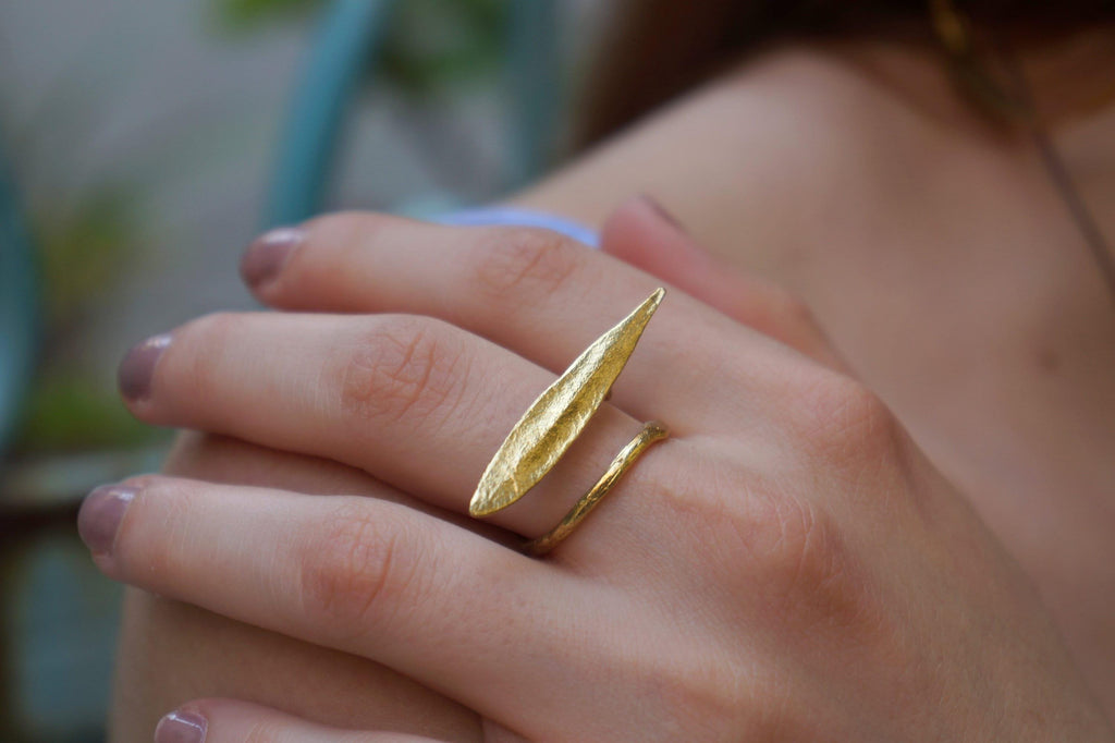 Adjustable Olive Leaf Ring – Handmade Nature Jewelry | Recycled Brass Gold