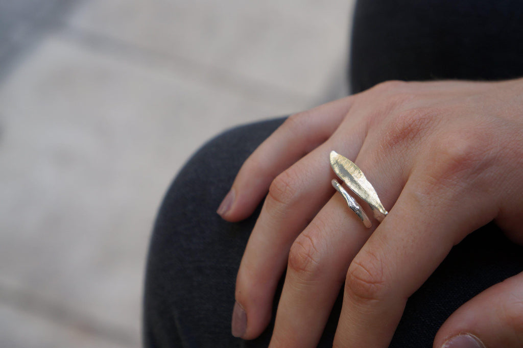 Adjustable Olive Leaf Ring – Handmade Nature Jewelry | Recycled Brass Gold